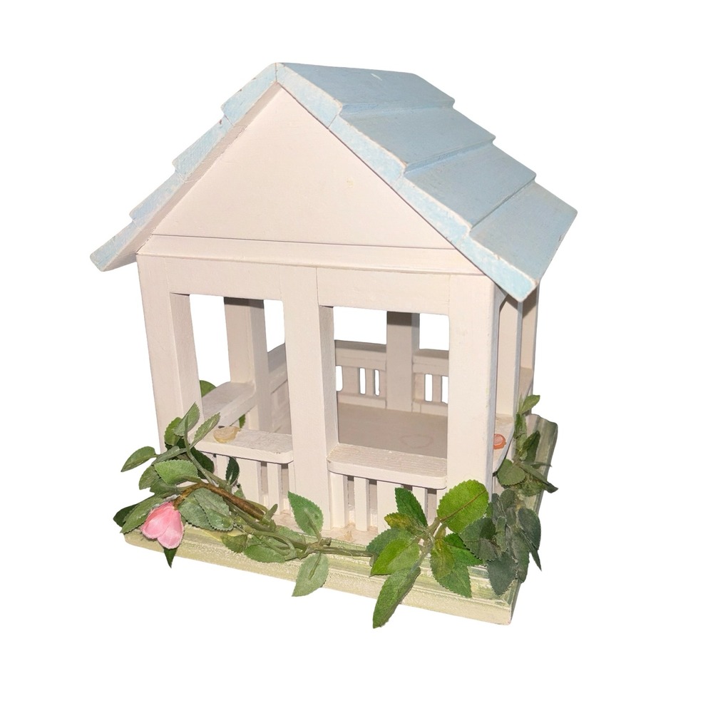 Wooden Homemade Decorative Birdhouse Decor Pink Rose Blue Roof Cottage Core